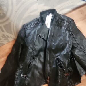 Black Faux Leather Jacket with Studded Shoulders